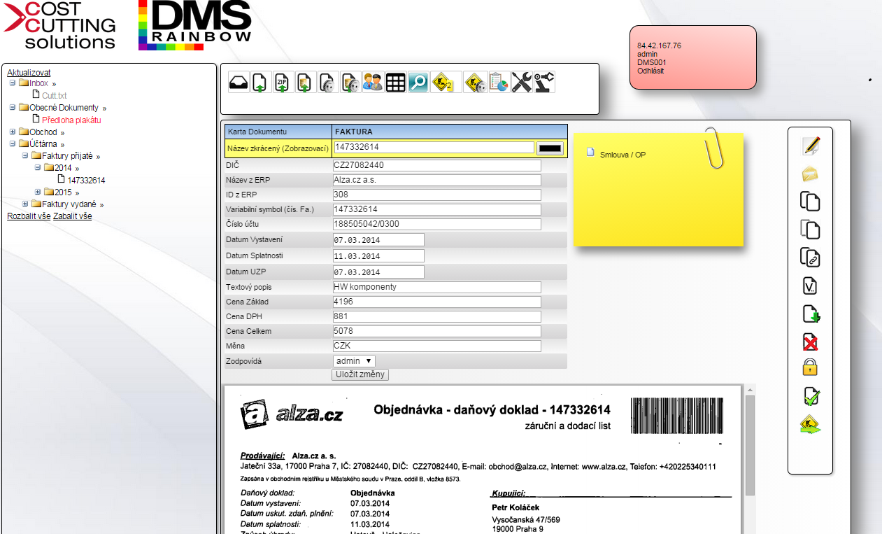 Základní obrazovka DMS RAINBOW metadata (košilka) připojené dokumenty